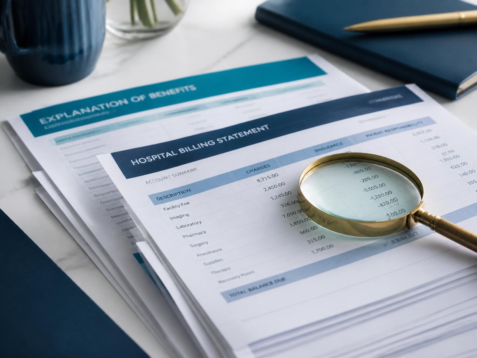 A hospital billing statement and an insurance explanation of benefits under a magnifying glass